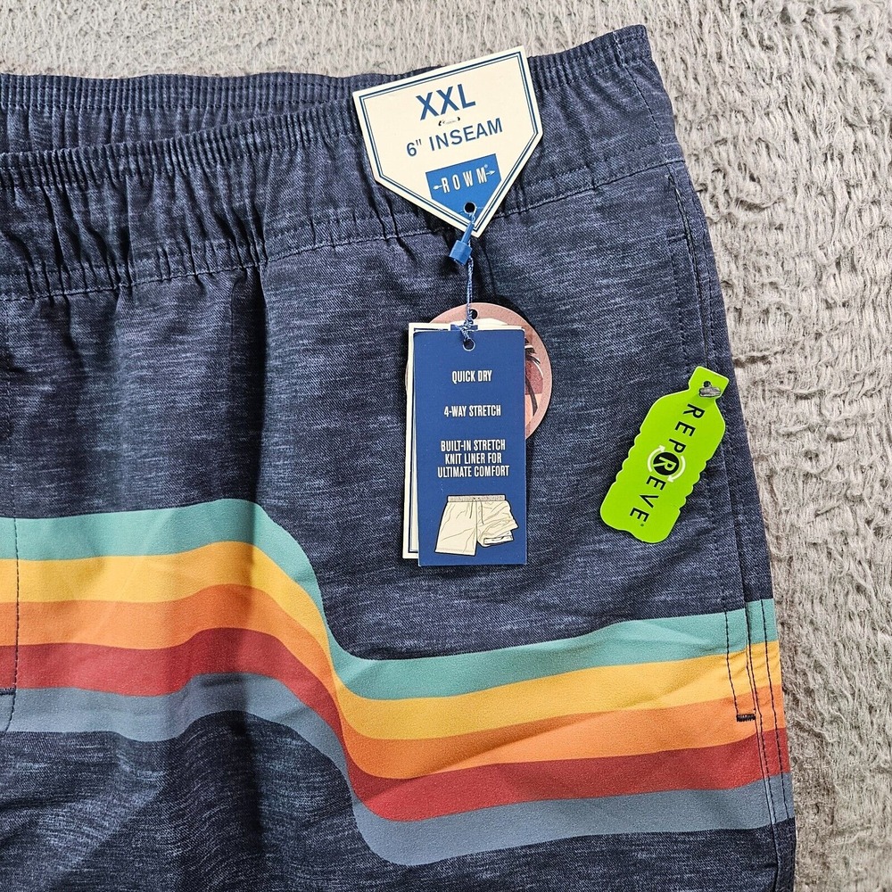 NWT Rowm Swim Trunks Shorts Men XXL 6" Inseam - Liner  Blue‎ Striped